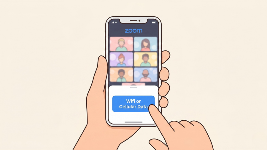 หน้าจอ Zoom บนมือถือ แสดงปุ่ม Wifi or Cellular Data พร้อมนิ้วแตะ